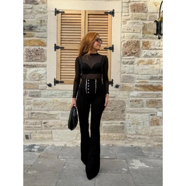 Kadın Yüksel Bel Düğme Ve Fermuar Detay çelik Kumaş Ispanyol Paça Tayt