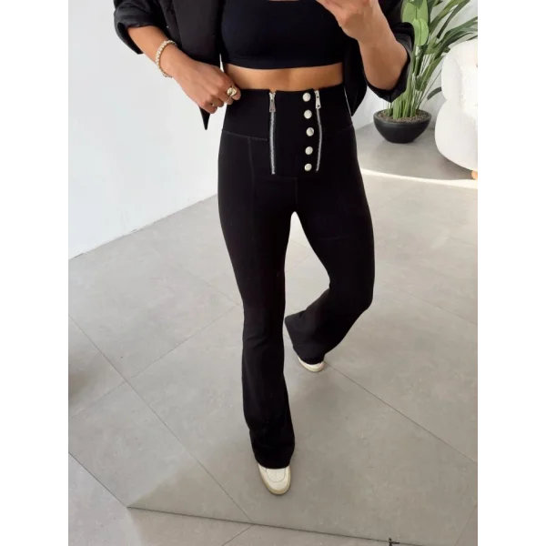 Kadın Yüksel Bel Düğme Ve Fermuar Detay çelik Kumaş Ispanyol Paça Tayt