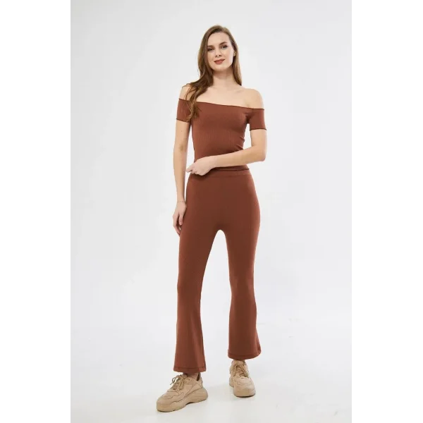 Kadın Yüksel Bel Fitilli İspanyol Paça Tayt - Kahve