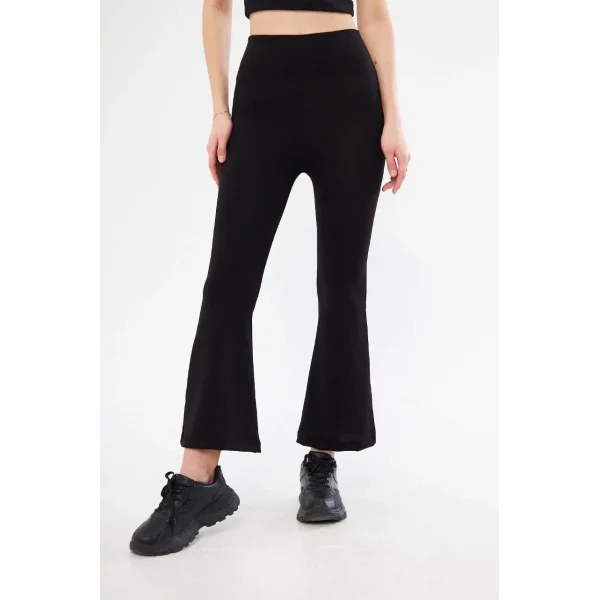 Kadın Yüksel Bel Fitilli İspanyol Paça Tayt - Siyah
