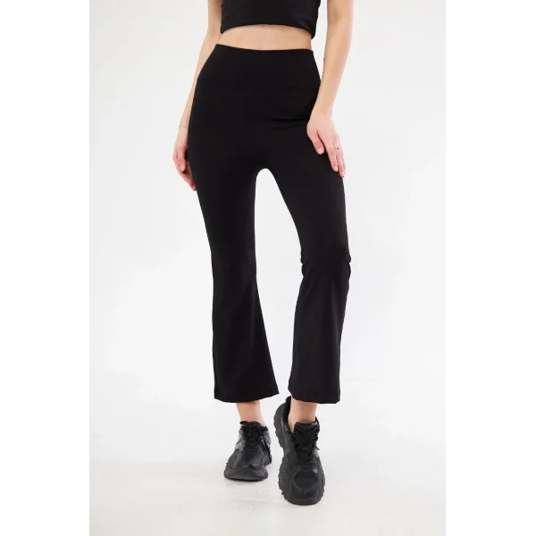 Kadın Yüksel Bel Fitilli İspanyol Paça Tayt - Siyah