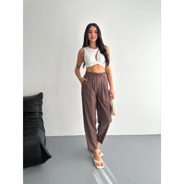 Kadın Yüksel Bel Rahat Boru Paça Pantalon - Kahverengi
