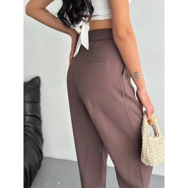 Kadın Yüksel Bel Rahat Boru Paça Pantalon - Kahverengi