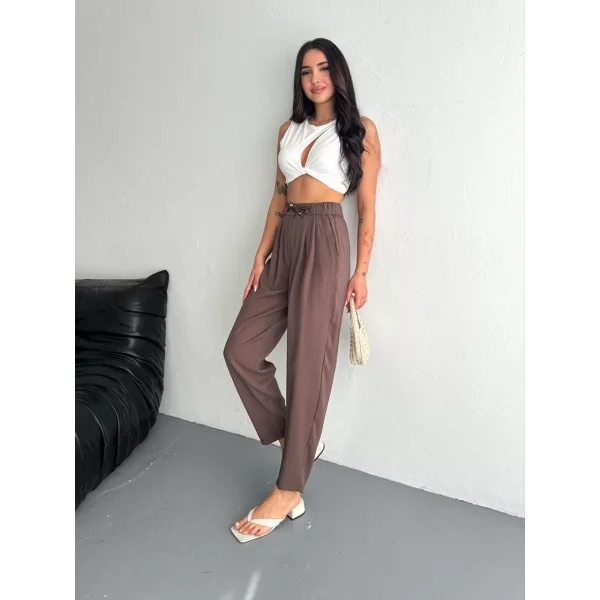 Kadın Yüksel Bel Rahat Boru Paça Pantalon - Kahverengi