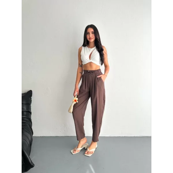Kadın Yüksel Bel Rahat Boru Paça Pantalon - Kahverengi