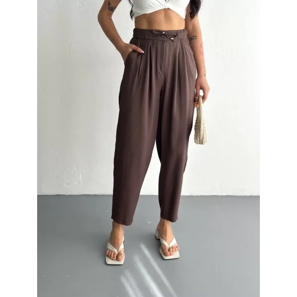 Kadın Yüksel Bel Rahat Boru Paça Pantalon - Kahverengi