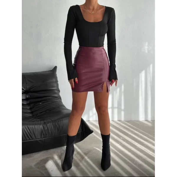 Kadın Yüksel Bel Yırtmaç Detay Mini Deri Etek