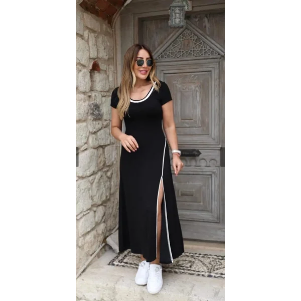 Kadın Yuvarlak Ribana Yaka Beyaz Yırtmaç Detaylı Viskon Tam Boy Elbise