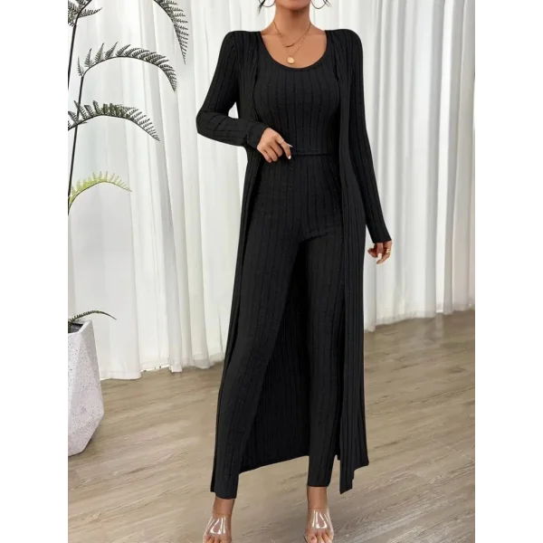 Kadın Yuvarlak Yaka Askılı Krop Bluz Yüksek Bel Tayt Ve Uzun Hırka şardonlu Kaşkorse üçlü Takım