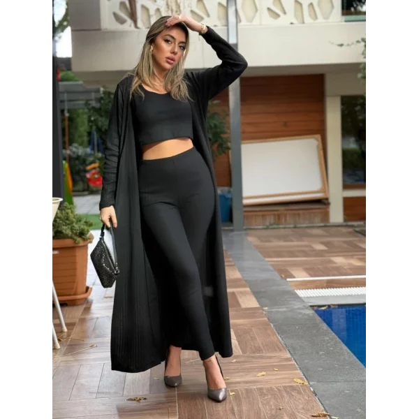 Kadın Yuvarlak Yaka Askılı Krop Bluz Yüksek Bel Tayt Ve Uzun Hırka şardonlu Kaşkorse üçlü Takım