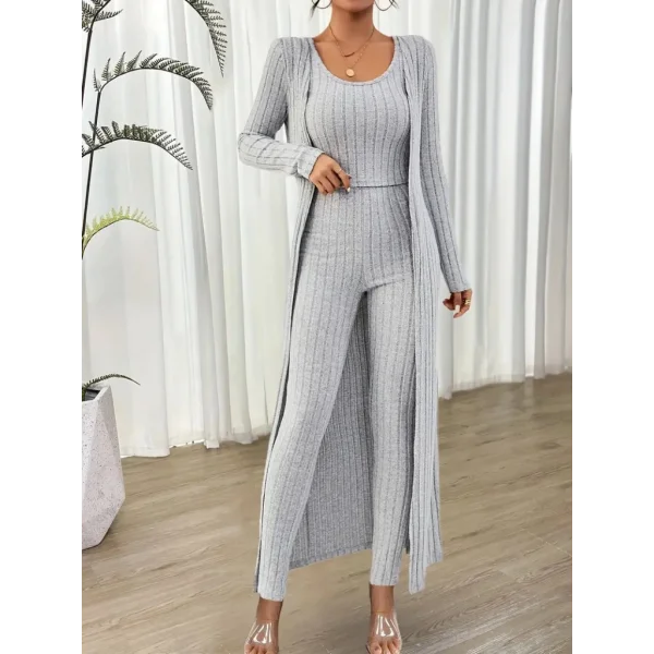 Kadın Yuvarlak Yaka Askılı Krop Bluz Yüksek Bel Tayt Ve Uzun Hırka şardonlu Kaşkorse üçlü Takım