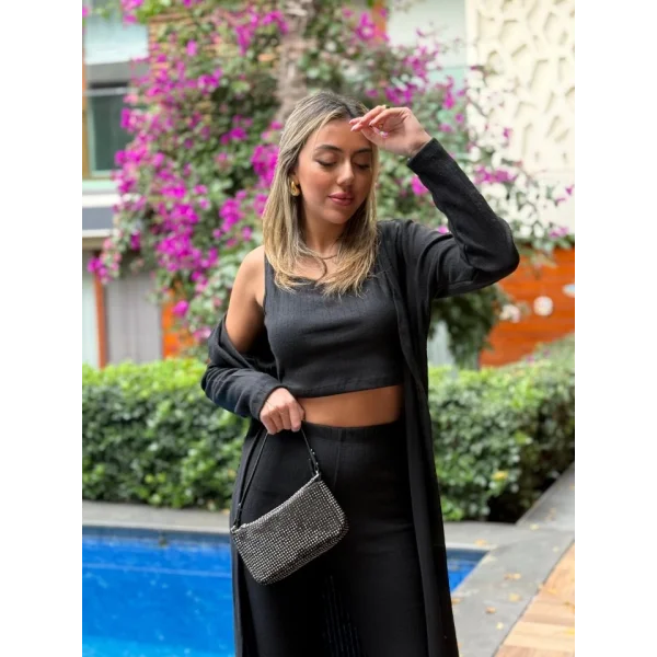 Kadın Yuvarlak Yaka Askılı Krop Bluz Yüksek Bel Tayt Ve Uzun Hırka şardonlu Kaşkorse üçlü Takım