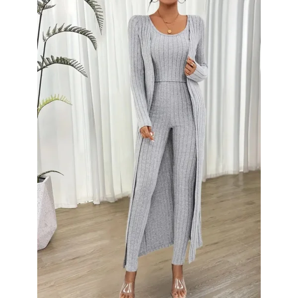 Kadın Yuvarlak Yaka Askılı Krop Bluz Yüksek Bel Tayt Ve Uzun Hırka şardonlu Kaşkorse üçlü Takım