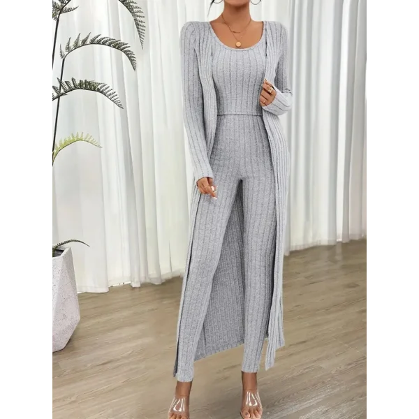 Kadın Yuvarlak Yaka Askılı Krop Bluz Yüksek Bel Tayt Ve Uzun Hırka şardonlu Kaşkorse üçlü Takım