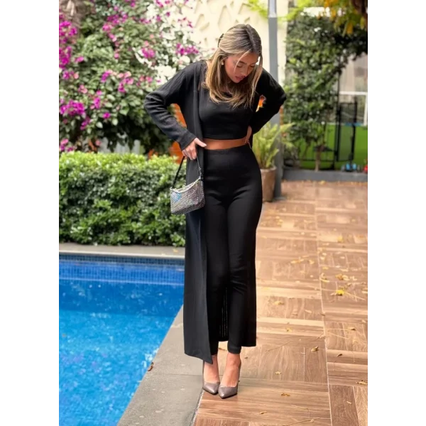 Kadın Yuvarlak Yaka Askılı Krop Bluz Yüksek Bel Tayt Ve Uzun Hırka şardonlu Kaşkorse üçlü Takım