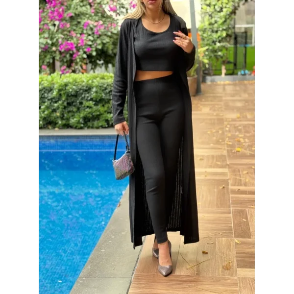 Kadın Yuvarlak Yaka Askılı Krop Bluz Yüksek Bel Tayt Ve Uzun Hırka şardonlu Kaşkorse üçlü Takım