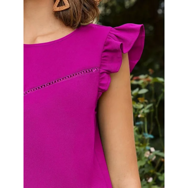 Kadın Yuvarlak Yaka Kolları Fırfırlı Krep Bluz