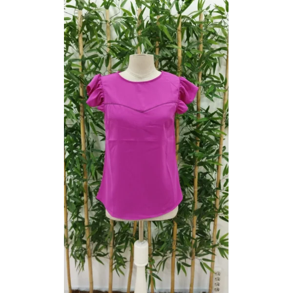 Kadın Yuvarlak Yaka Kolları Fırfırlı Krep Bluz