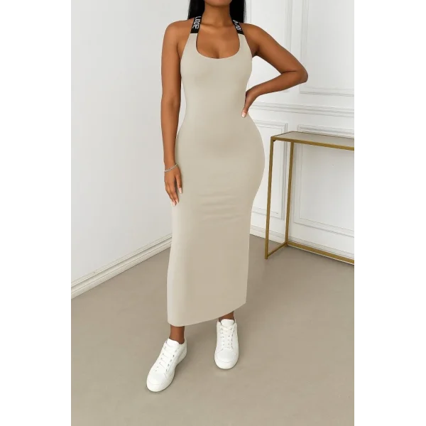 Kadın Yuvarlak Yaka Sırttan çapraz şerit Love Detaylı Yırtmaçlı Viskon Elbise