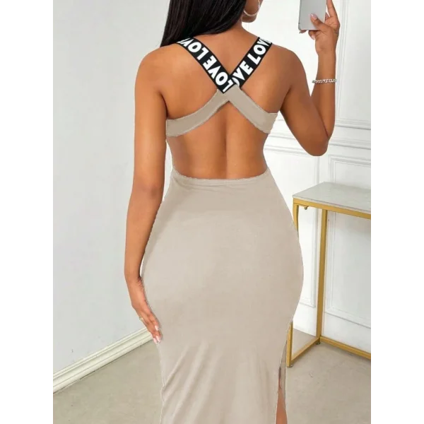 Kadın Yuvarlak Yaka Sırttan çapraz şerit Love Detaylı Yırtmaçlı Viskon Elbise