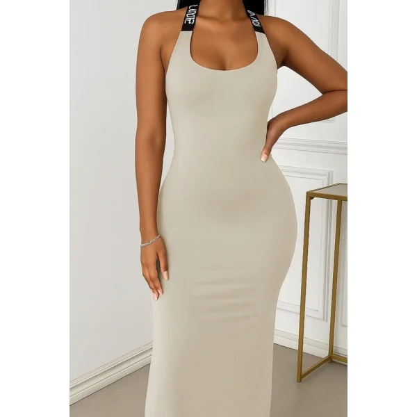 Kadın Yuvarlak Yaka Sırttan çapraz şerit Love Detaylı Yırtmaçlı Viskon Elbise