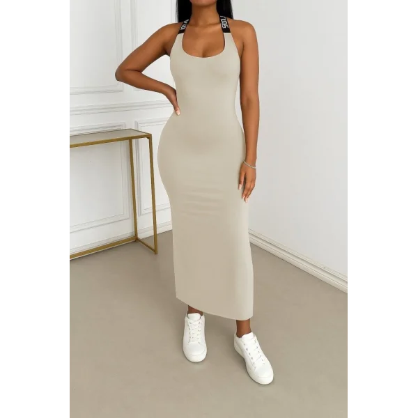 Kadın Yuvarlak Yaka Sırttan çapraz şerit Love Detaylı Yırtmaçlı Viskon Elbise