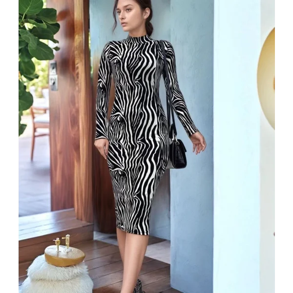 Kadın Zebra Desen Süet Kumaş Fırsat ürün Midi Boy Elbise