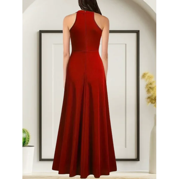 Kadınhalter Yaka Derin Yırtmaç Detaylı Tam Boy Ithal Krep Abiye Elbise