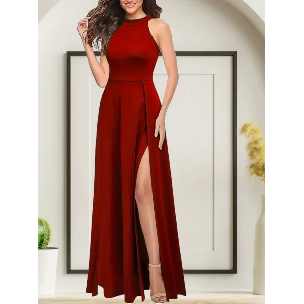 Kadınhalter Yaka Derin Yırtmaç Detaylı Tam Boy Ithal Krep Abiye Elbise