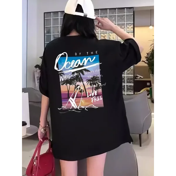 Kadınlar İçin Geniş Kesim Tişört - Kısa Kollu, Bol Kesim, Manzaralı Okyanus Baskı, Günlük Yazlık Üst, Siyah- Siyah