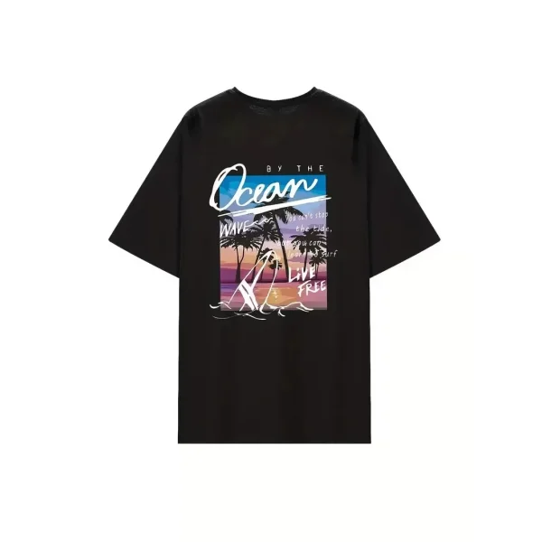 Kadınlar İçin Geniş Kesim Tişört - Kısa Kollu, Bol Kesim, Manzaralı Okyanus Baskı, Günlük Yazlık Üst, Siyah- Siyah