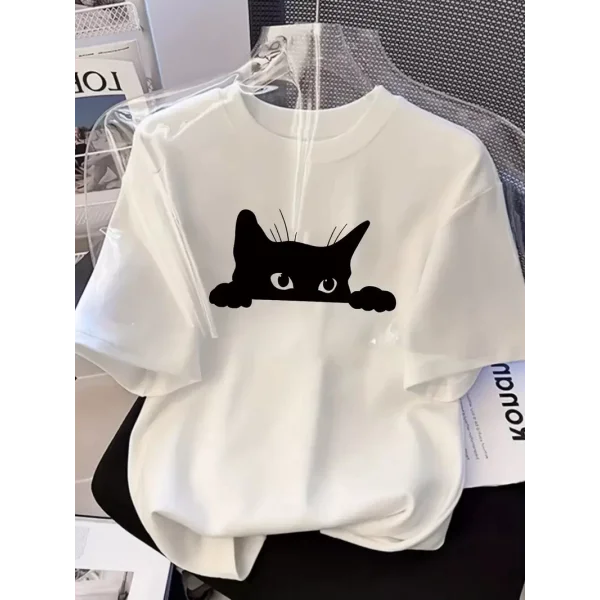 Kadınlar için Şık Siyah Kedi Grafik Tişört - Oversize Kısa Kollu Üst, Nefes Alabilir Polyester Karışımı, Makinede Yıkanabilir - Mükemmel Yaz Modası - Beyaz