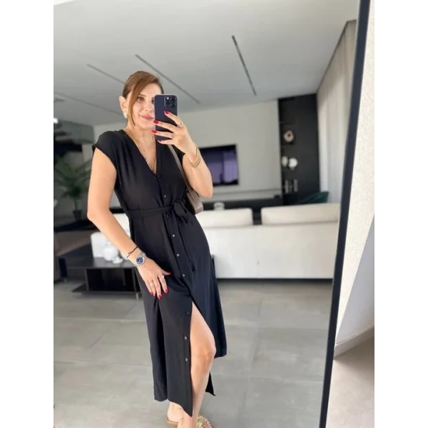 Kadınn V Yaka Düğme Detay Kuşak Dahil Elbise