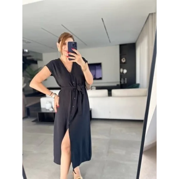 Kadınn V Yaka Düğme Detay Kuşak Dahil Elbise