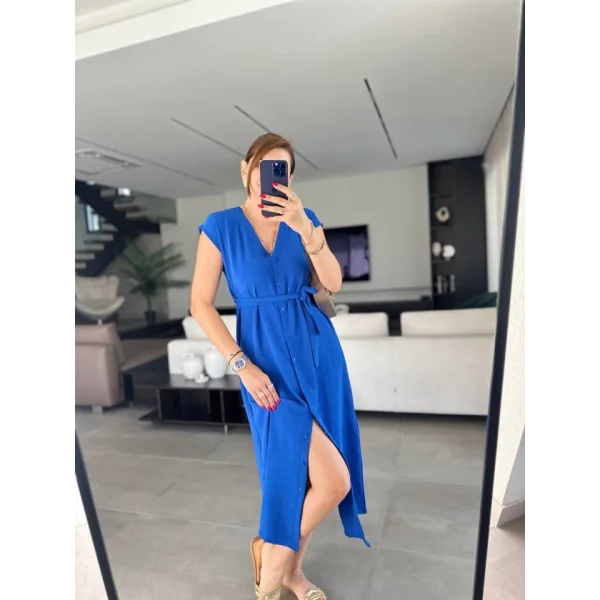 Kadınn V Yaka Düğme Detay Kuşak Dahil Elbise