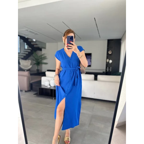 Kadınn V Yaka Düğme Detay Kuşak Dahil Elbise