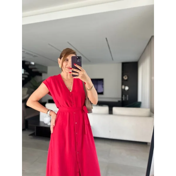 Kadınn V Yaka Düğme Detay Kuşak Dahil Elbise