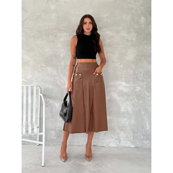 Kadınyüksek Bel Cep Ve Düğme Detay Fırsat ürün idi Boy Deri Etek