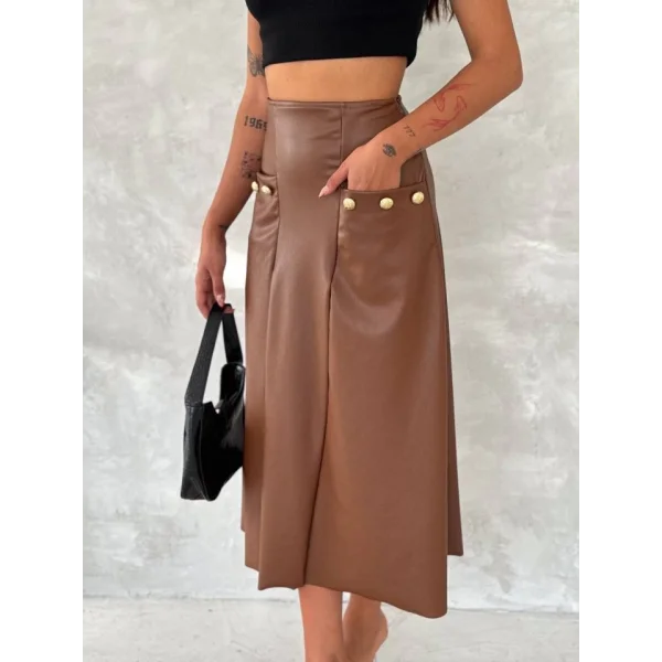 Kadınyüksek Bel Cep Ve Düğme Detay Fırsat ürün idi Boy Deri Etek