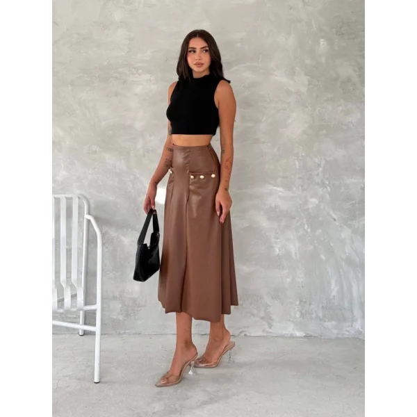 Kadınyüksek Bel Cep Ve Düğme Detay Fırsat ürün idi Boy Deri Etek