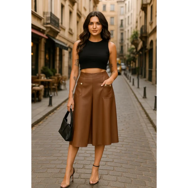 Kadınyüksek Bel Cep Ve Düğme Detay Fırsat ürün Midi Boy Deri Etek