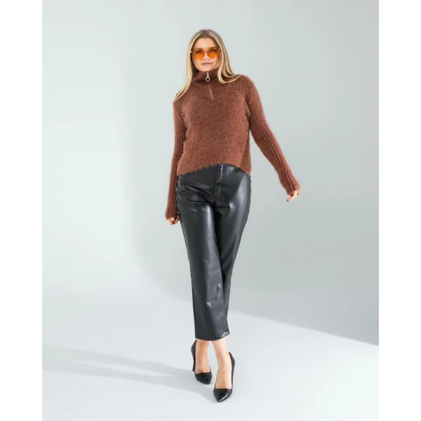 Kahve Fermuarlı Sakal Triko