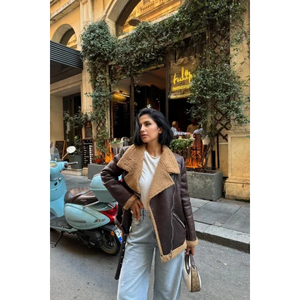 Kahverengi Apoletli Kürklü Ceket