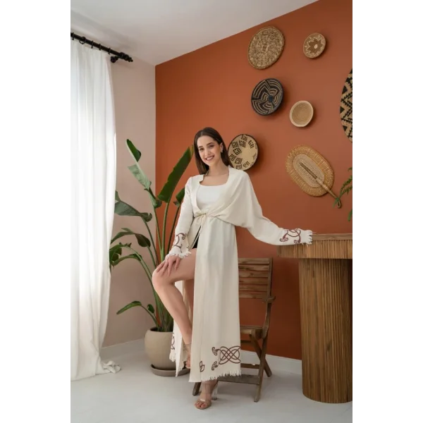 Kahverengi Baskı Detay Keten Hırka