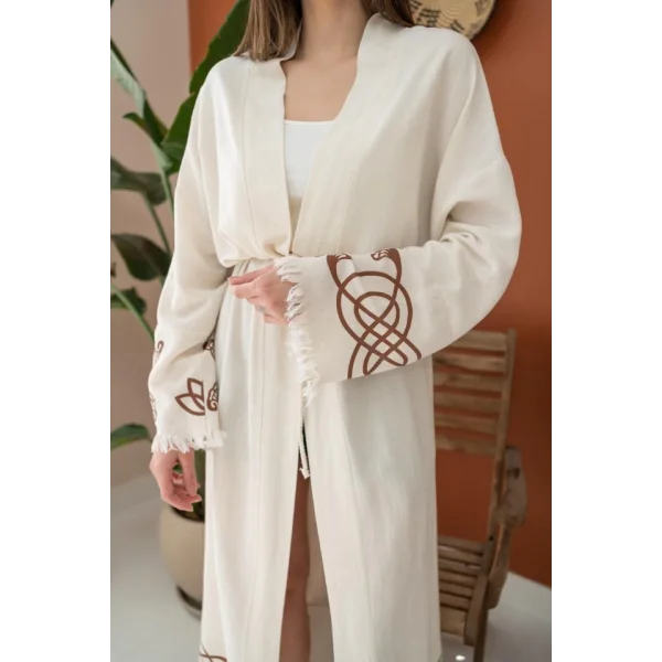 Kahverengi Baskı Detay Keten Hırka