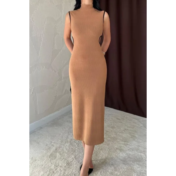 Kahverengi Biyeli Triko Elbise