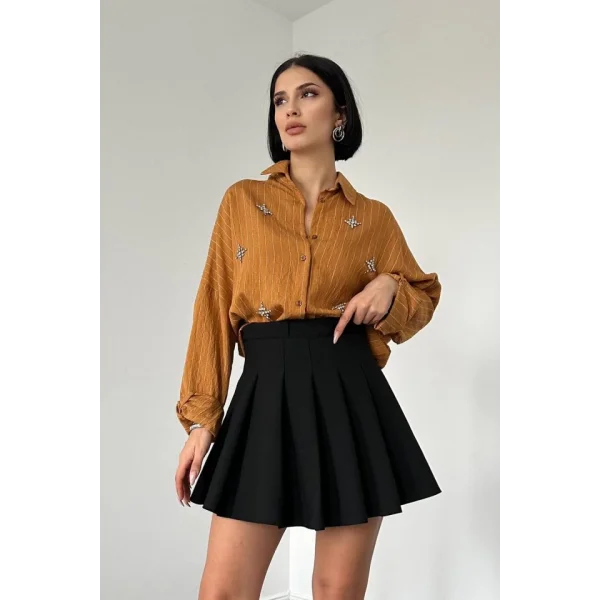 Kahverengi Çizgili Kristal Taşlı Klasik Gömlek
