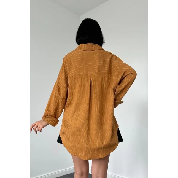 Kahverengi Çizgili Kristal Taşlı Klasik Gömlek