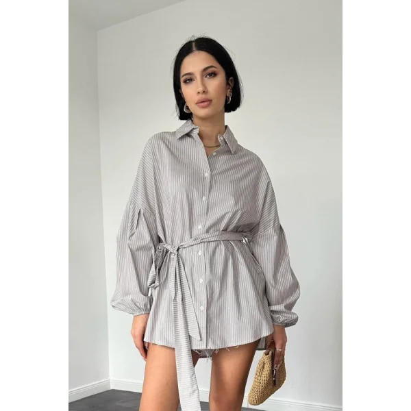 Kahverengi Çizgili Poplin Kuşaklı Gömlek