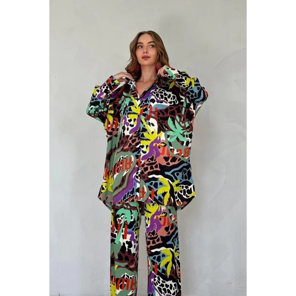 Kahverengi Dijital Desenli Gömlek Ve Pantolon Takım